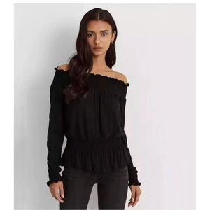 Lauren Ralph Lauren Black Off-Shoulder Smocked peplum Blouse S long sleeve